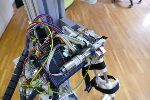 A close up of the elbow exoskeleton prototype